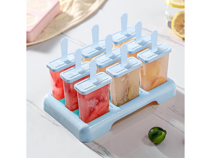 Lot de 9 moules à glace réutilisables avec pinceau, bâtonnets de glace et entonnoir pliable en silicone pour glaces, sorbets et crèmes glacées (bleu) - Conforama C