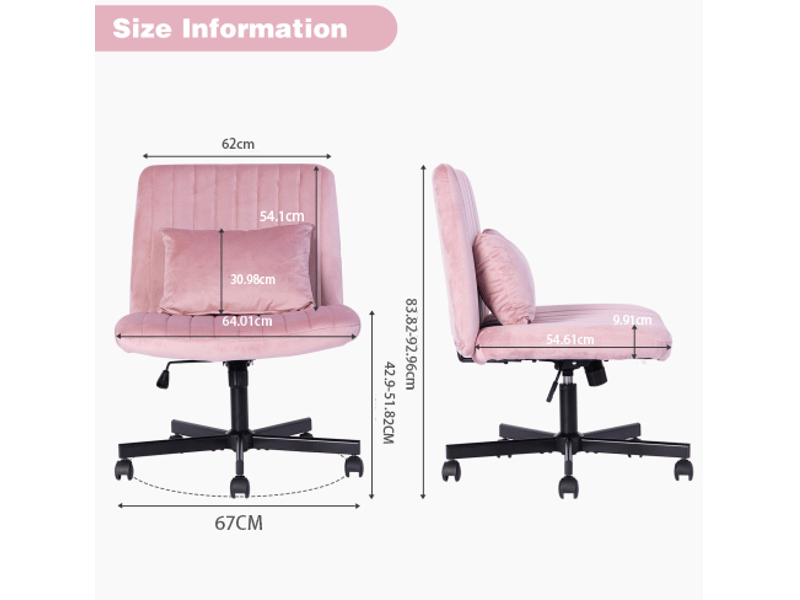  Chaise de bureau moderne rose clair sans accoudoirs, réglable en hauteur avec roulettes silencieuses et coussin  - Conforama C