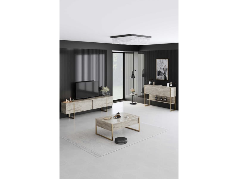 Meuble tv moderne 2 portes sibylle l180cm bois effet travertin et métal or Sibylle - Conforama D