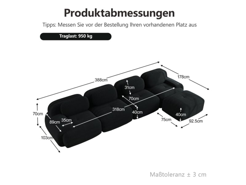  Canapé d'angle noir 4 places – mousse haute élasticité 32d, chaise longue, sans cadre ni montage  - Conforama C