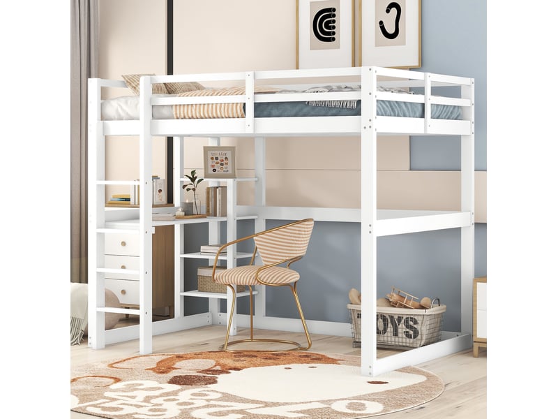 Lit mezzanine 140x200cm avec bureau, 4 tiroirs, espace de rangement, escalier, bois, couleur blanc, sans matelas - Conforama B