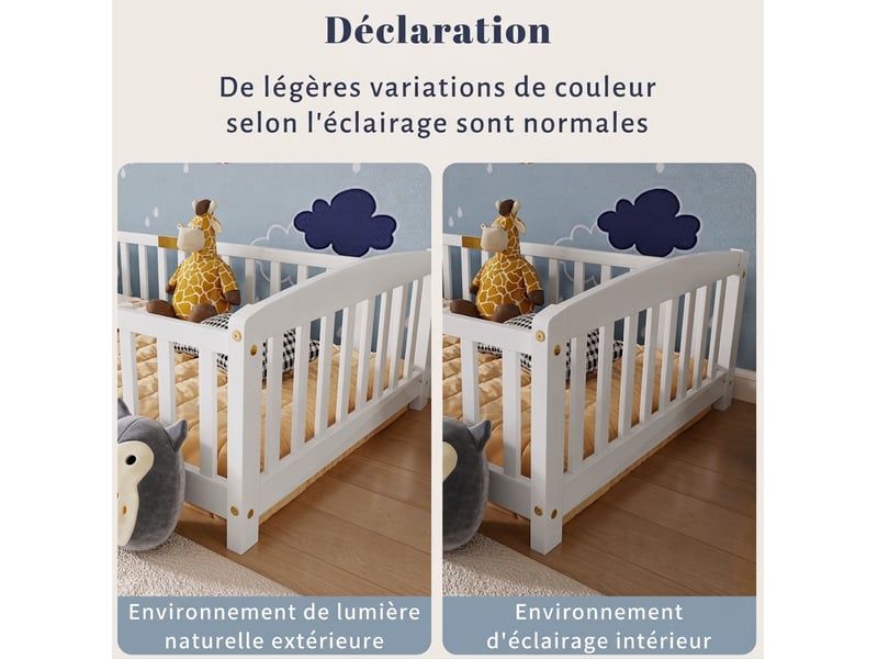 Lit au sol 90x200 cm enfant avec barrière de sécurité - bois de pin massif blanc  - Conforama R