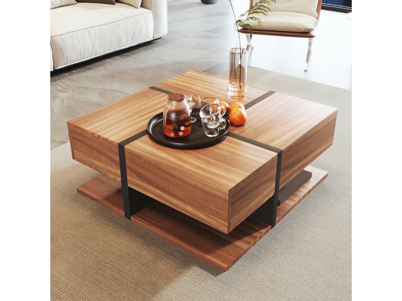 Table basse 78x78x36 cm avec 4 tiroirs et étagère basse, plateau carré à lignes contrastées, panneaux de particules, bois et noir ABC - Conforama E