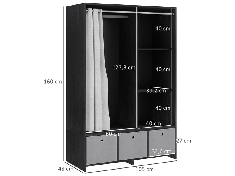  Armoire penderie armoire de rangement avec tringle rideaux 3 niches et 3 tiroirs en tissu amovibles 105 x 48 x 160 cm  - Conforama C