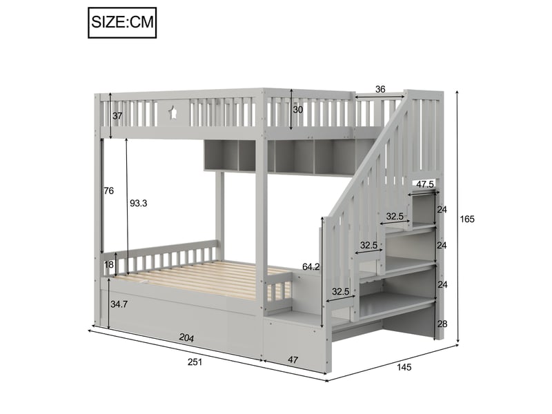  Lit superposé 140*200cm en bois gris, lit bas hydraulique, marche-coffre, étagères, idéal pour chambre.  - Conforama B