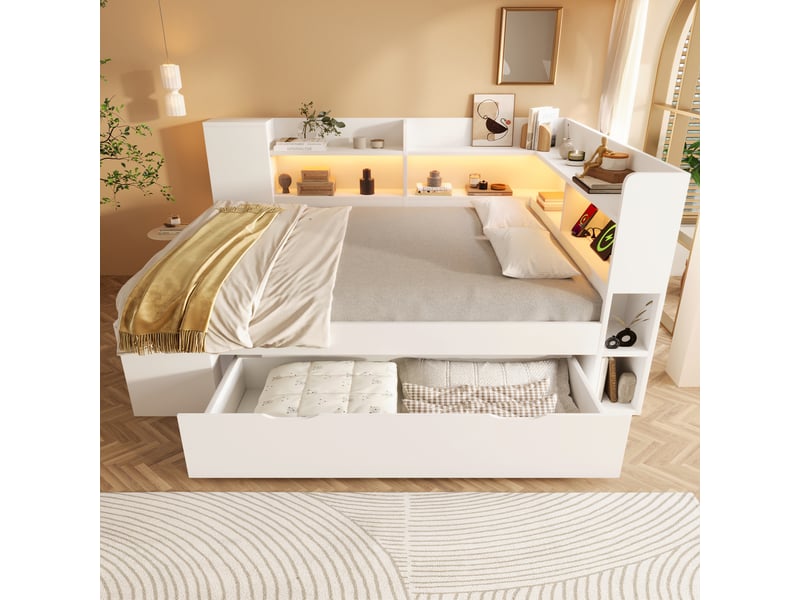  Lit 140x200 cm avec 3 tiroirs et led, lit double avec étagères et ports usb en bois blanc, matelas inclus  - Conforama C