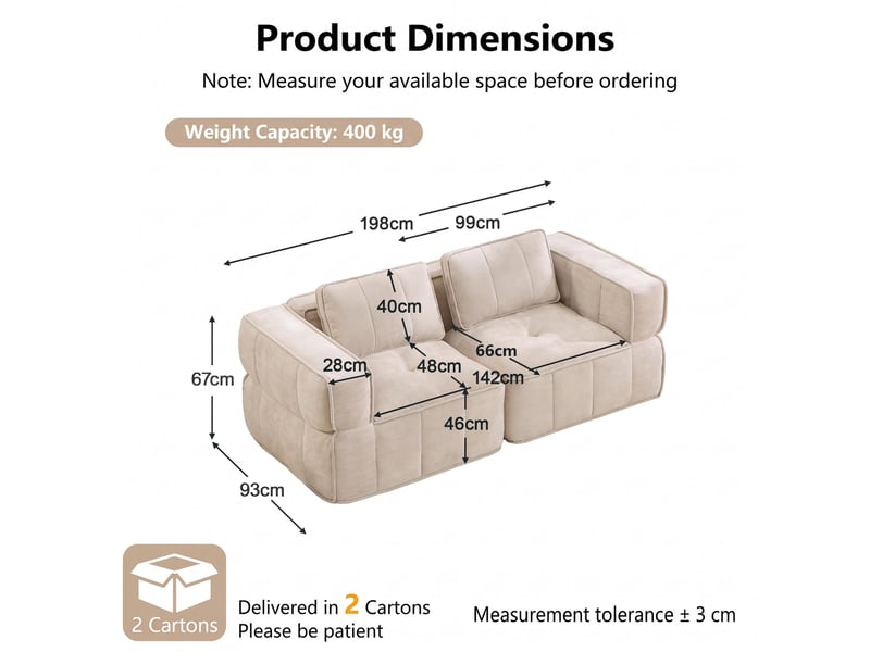 Canapé 2 places, revêtement en tissu, sans assemblage, beige - Conforama D
