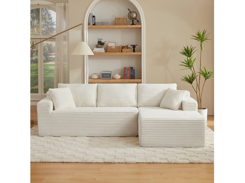  Canapé d'angle modulaire 4 places avec chaise longue et housse lavable en tissu blanc  - Conforama D
