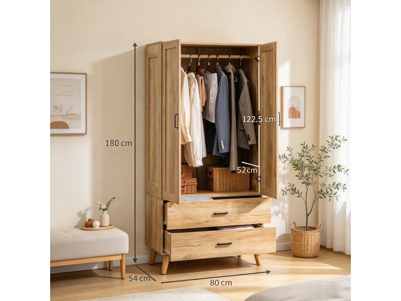  Armoire penderie 80x54x180 cm - 2 portes - 2 tiroirs - tringle - pieds en bois massif - panneaux - naturel CozyNest - Conforama C