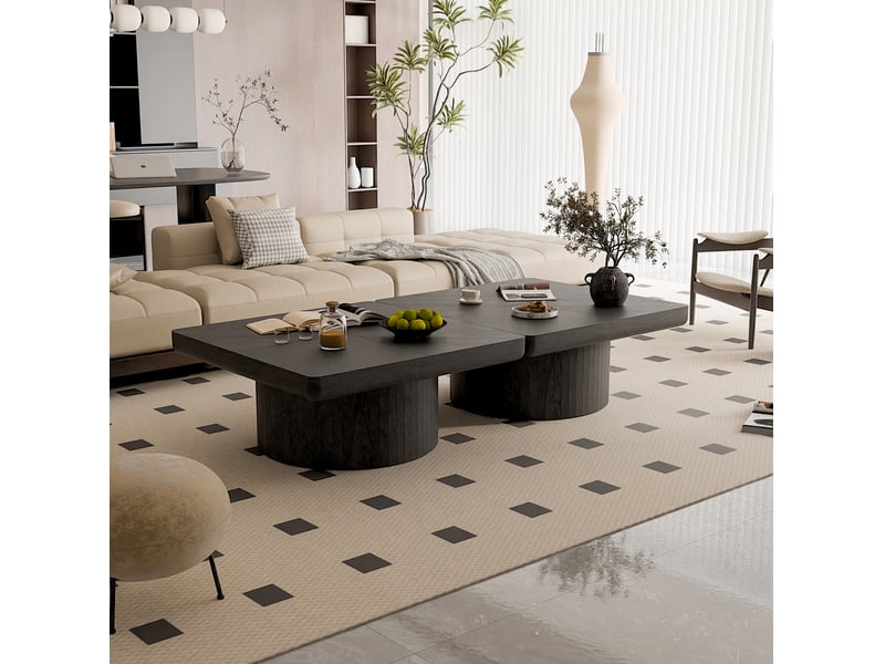  Table basse carrée à plateau en placage de bois, base cylindrique en bois et mdf noir  - Conforama D