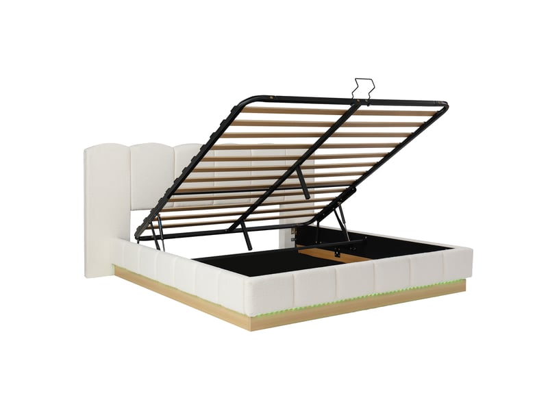  Lit coffre 180x200 cm-lit double rembourré-bouclé blanc-rangement hydraulique-sommier à lattes-leds-tête de lit nuage-220 kg-blanc  - Conforama D