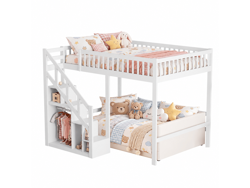  Lit mezzanine enfant 90x200 cm avec escalier de rangement, lit surélevé avec sommier et barrière, lit avec rangement, cadre de lit, bois massif, blanc, matelas non inclus  - Conforama A