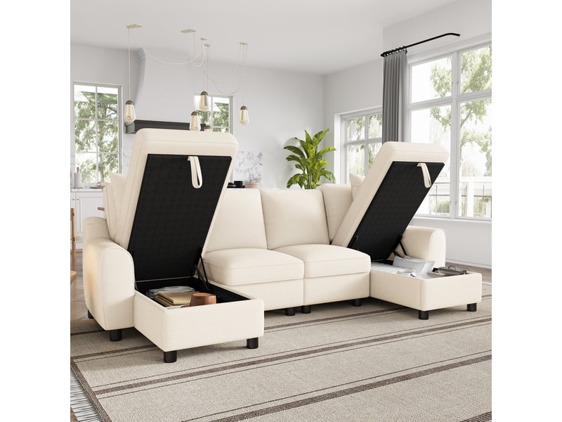  Canapé panoramique 2 places beige en chenille, 280 × 137 × 84 cm, avec rangement et 2 coussins, pour salon  - Conforama E