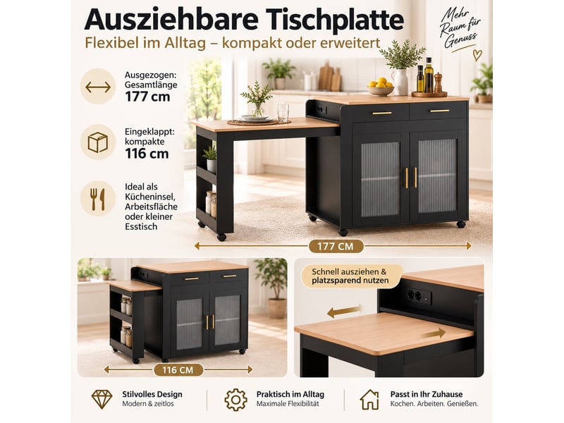  Îlot de cuisine 177x60x89,5 cm extensible avec rangement et roulettes noir  - Conforama E
