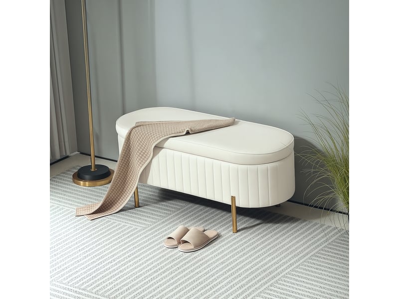  Banc de rangement en velours crème avec couvercle et pieds en métal capacité 72 l dimensions 108 x 44 x 43.5 cm  - Conforama B