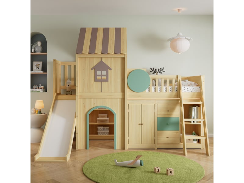  Lit mezzanine enfant 1 place 90×200 cm, toboggan et rangements - okmyhome- sans matelas, pin et mdf vert naturel  - Conforama C