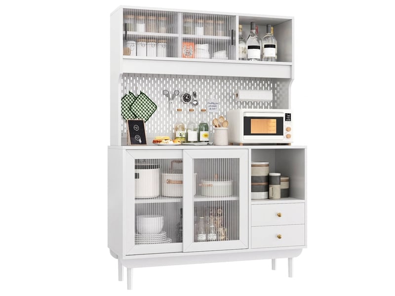  Buffet de cuisine blanc avec portes coulissantes en verre strié, panneau perforé et tiroirs, 117x30x170 cm  - Conforama A