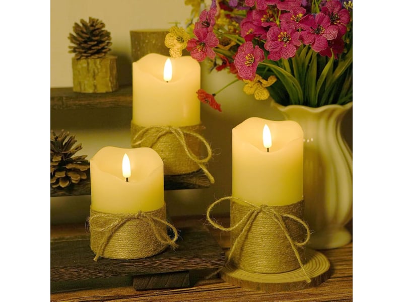 3 bougies pilier led sans flamme avec mèche 3d et corde de jute, effet vacillant, télécommande et minuterie, 101315 cm, oscillant + télécommande rechargeable - Conforama B