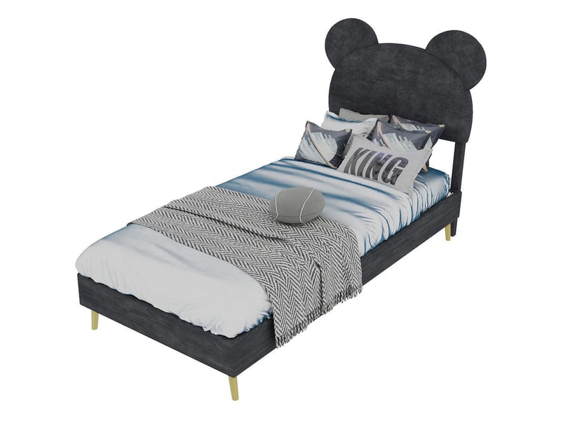 Lit rembourré moderne 90x200 cm avec tête de lit cartoon velours cadre bas chambre enfant ado, sans matelas, gris - Conforama W