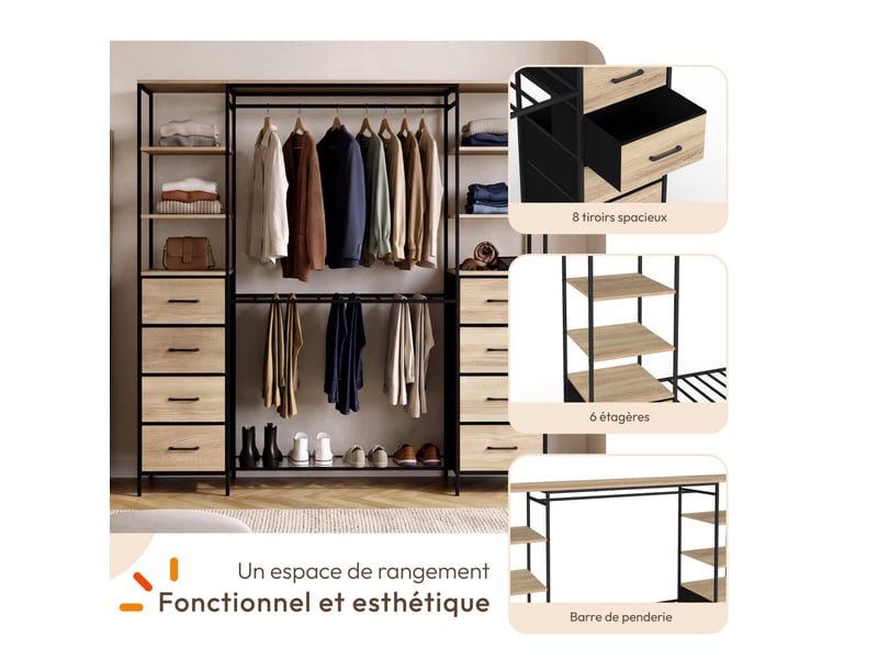  Dressing double xxl utah 180 cm avec porte pantalons, étagères, bacs en tissu et porte chaussures bois et noir  - Conforama C