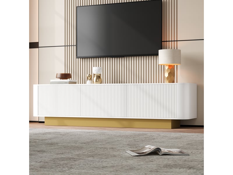  Meuble tv bas moderne avec rangement, gestion des câbles, design arrondi, façade texturée, meuble multimédia pour salon  - Conforama D