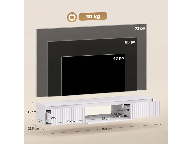  Meuble tv suspendu blanc 160 cm, façade cannelée, led rgb, 2 prises, usb et usb-c  - Conforama C