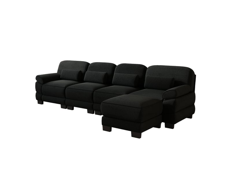 Canapé d'angle 4 places en l, structure robuste, avec 1 pouf, assise profonde confortable, cordon cord doux, combinaison modulable, noir, pour salon - Conforama A
