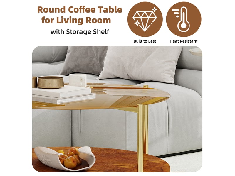  Table basse ronde moderne – plateau en verre trempé doré – 2 niveaux, ø 82 x h 45 cm  - Conforama E