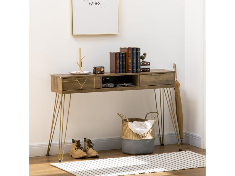  Console d'entrée avec 2 tiroirs, une étagère ouverte et des pieds en acier, 120 x 29 x 79 cm, bois et bronze  - Conforama C