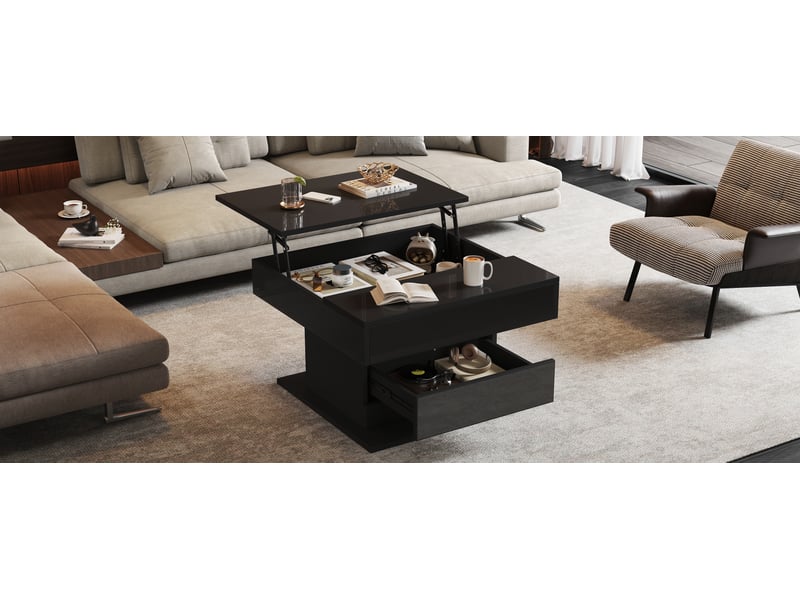  Table basse carrée 70x70x45 cm noire en panneau de particules avec plateau rotatif 360° réglable en hauteur jusqu'à 59 cm 1 tiroir et rangement dissimulé evarich - Conforama E
