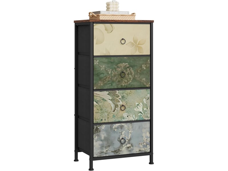  Commode à 4 tiroirs en tissu,meuble rangement,marron rustique+noir+motif fleur vintage,45x30x95cm  - Conforama A