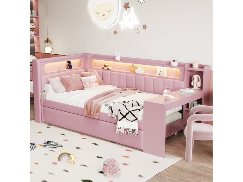 Lit de jour 90x200 cm rose avec lit gigogne, bureau, usb et éclairage led 7 couleurs - Conforama B