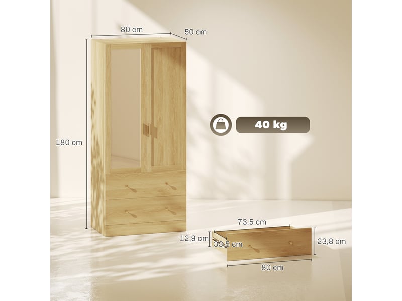  Armoire chambre penderie avec miroir, 2 portes, 2 tiroirs et barre de suspension, 80 x 50 x 180 cm, chêne  - Conforama C