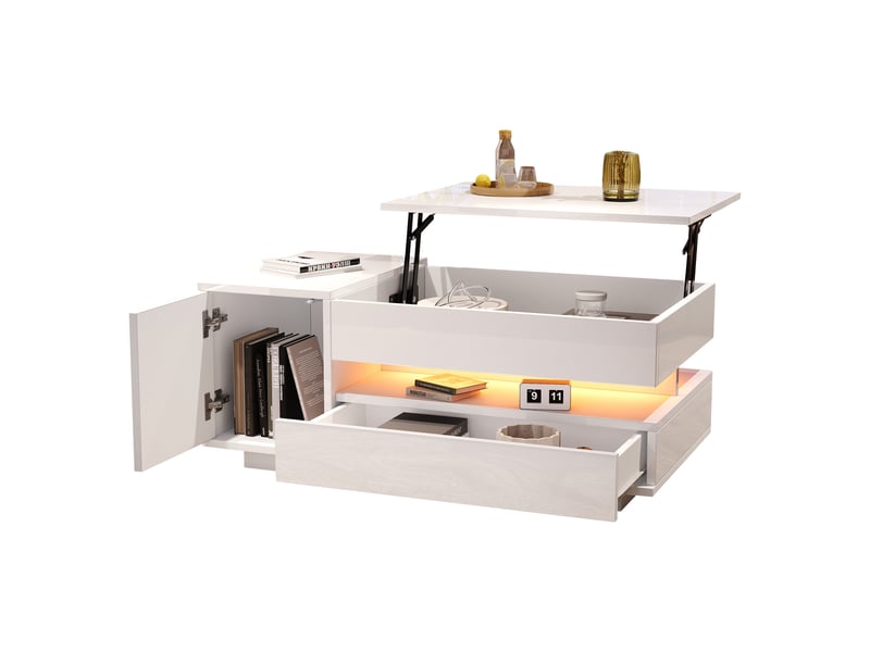  Table basse relevable blanche 95x50cm, table de salon avec led et plateau hydraulique, table basse avec rangement caché  - Conforama A