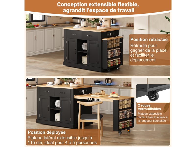 Îlot de cuisine mobile avec 2 plateaux extensibles et prises intégrées - rangements mdf noir 142 × 55 × 93 cm  - Conforama E
