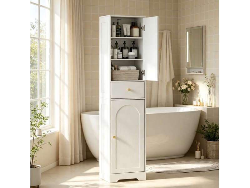  Colonne de rangement salle de bain 40x29,5x170 cm 2 placards 1 tiroir panneau de particules blanc  - Conforama B