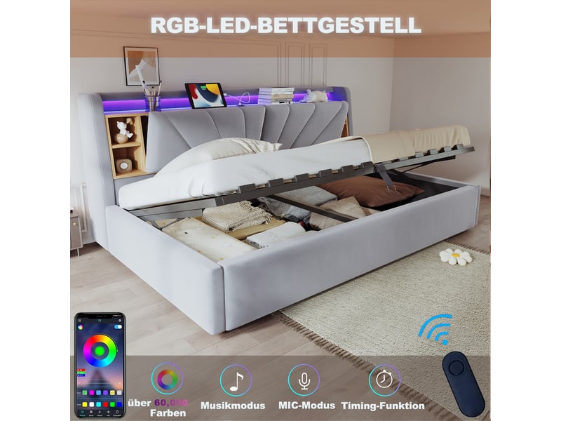  Lit simple 90x200 cm avec rangement hydraulique, tête de lit led avec usb et étagères, lit rembourré en velours avec coffre de rangement - gris clair  - Conforama E