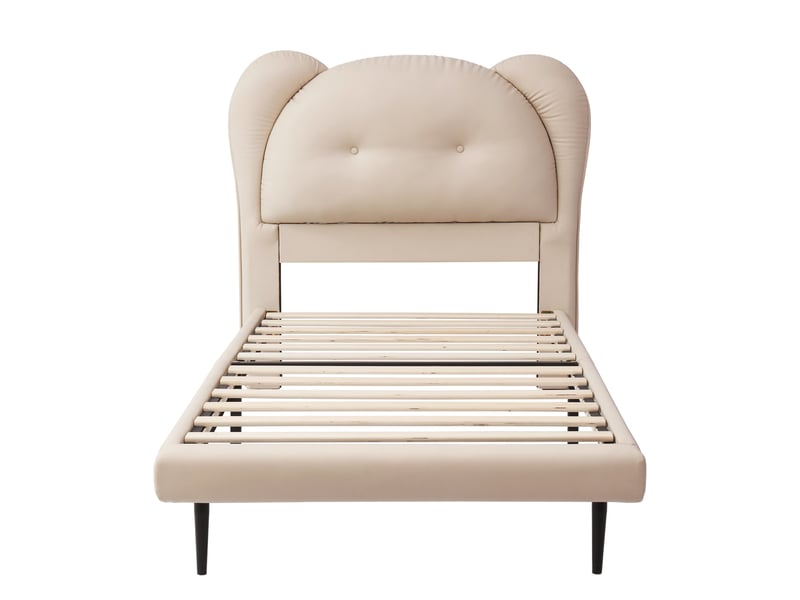 Lit enfant rembourré avec tête de lit animal, pu beige, 90x200cm, sommier robuste et cadre en métal - Conforama A