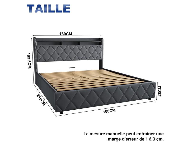  Lit coffre 160x200 avec éclairage led et prise électrique, lit pour adolescents avec étagères ouvertes et coffre de rangement, grise,sans matelas  - Conforama D