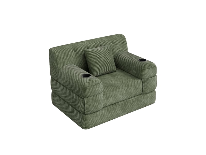 Fauteuil convertible vert en velours côtelé, 2 porte-gobelets, 4 poches - Conforama E