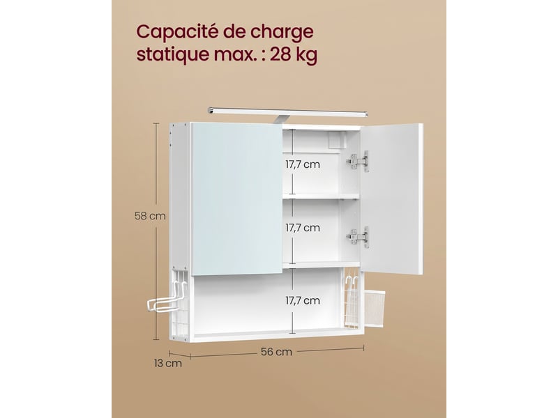 Meuble de salle de bain avec éclairage led, multiprise, panier suspendu, support pour sèche-cheveux, pour lavabo, blanc - Conforama D