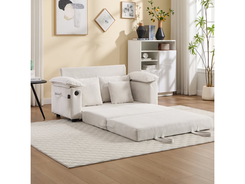 Canapé futon convertible en lit, canapé convertible deux places blanc en tissu chenille, couchage pliable pour salon et chambre - Conforama W
