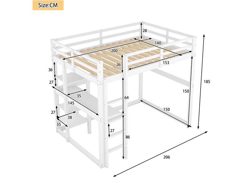 Lit mezzanine 140x200cm avec bureau, 4 tiroirs, espace de rangement, escalier, bois, couleur blanc, sans matelas - Conforama D