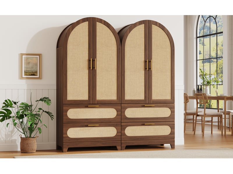 Lot de 2 armoires hautes en rotin 160 x 40 x 175 cm, 4 portes et 4 tiroirs, décor noyer chaleureux, bois foncé  - Conforama D