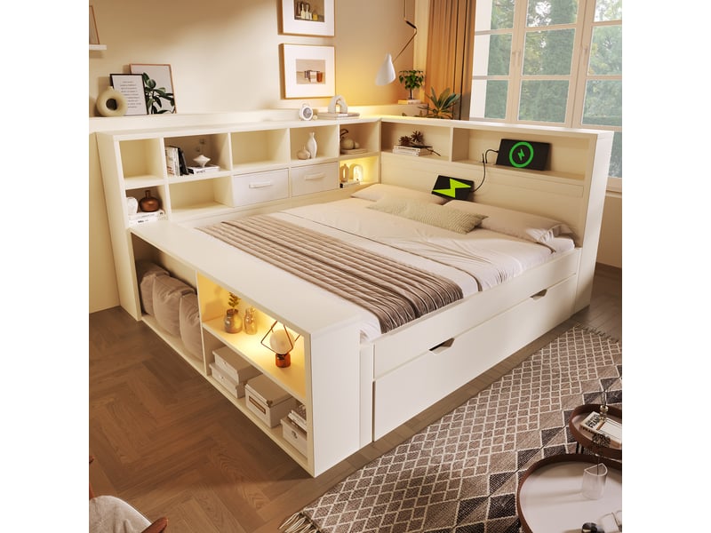  Lit double avec rangement 140x190 et lit gigogne 90x190 - bois blanc, ports usb, 8 casiers  - Conforama B