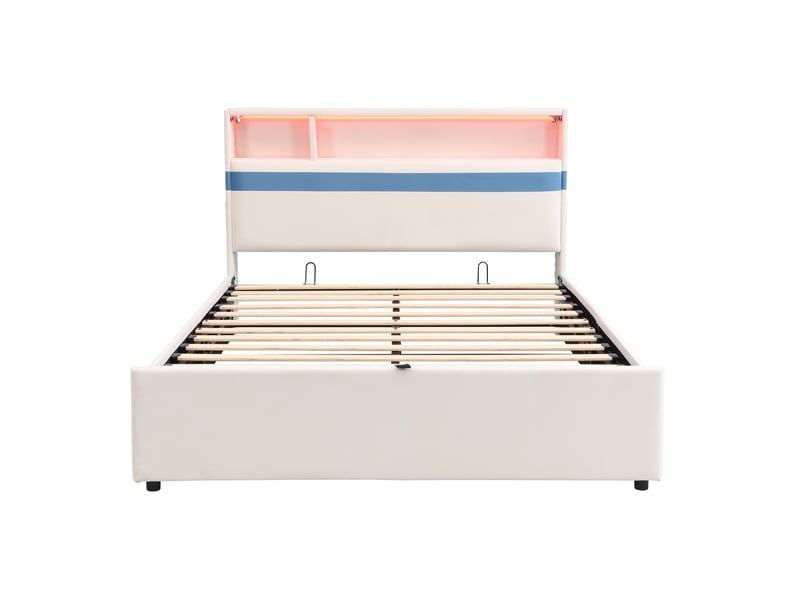 Lit coffre 140x200 cm, lit double en velours blanc et bleu avec led et ports usb, sans matelas - Conforama R