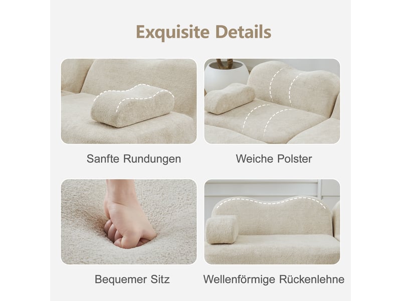 Canapé d'angle modulable 4 places en velours beige, structure sans dossier avec ottoman intégré et coussins mobiles - Conforama E