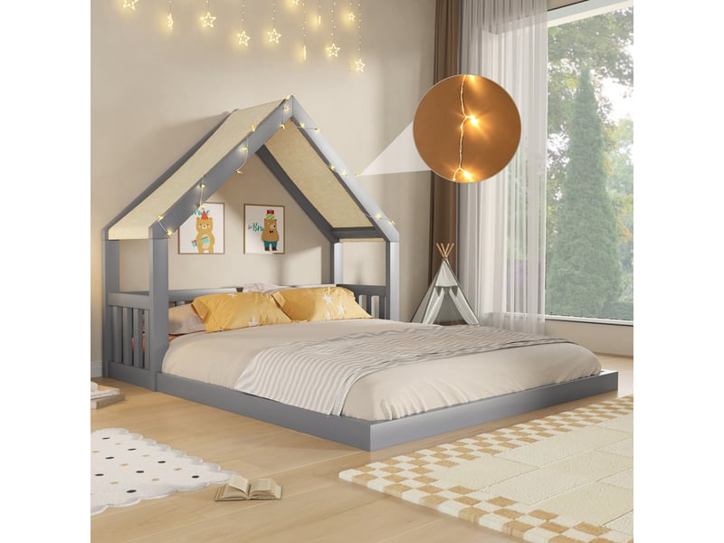  Lit cabane enfant en bois avec toit en tissu et guirlande lumineuse, gris – 140 x 200 cm IKSETERA TRADING LTD - Conforama B