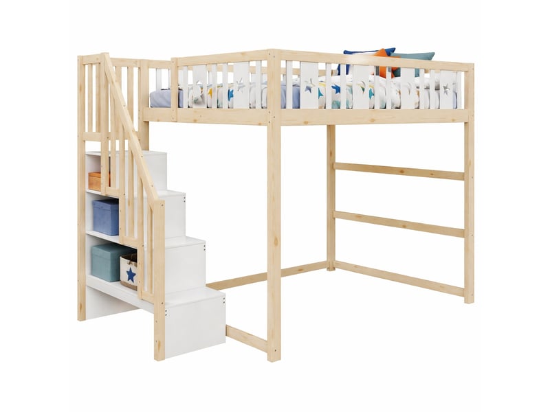  Lit mezzanine enfant tcqpz 140 x 200 cm avec escalier, rangements intégrés, décor lune et étoiles, bois, naturel et blanc  - Conforama A