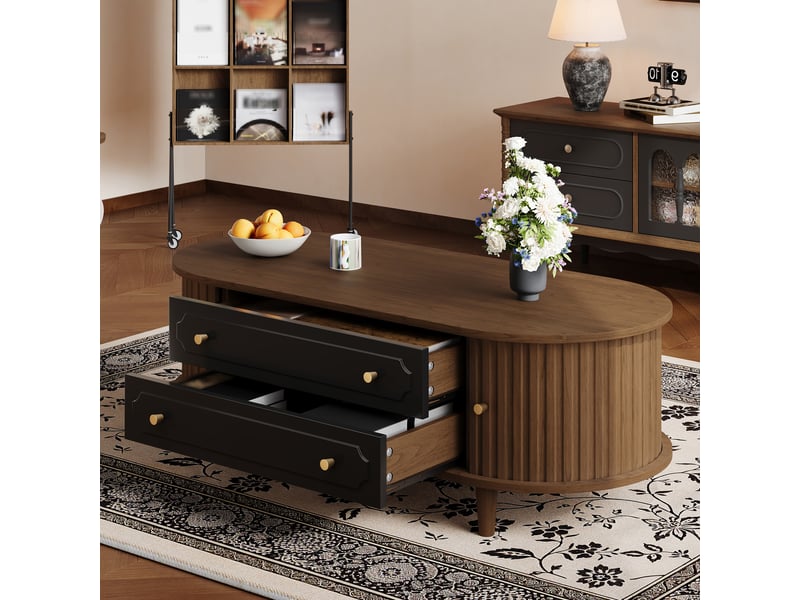  Table basse 100x50x36 cm noyer et noir, 2 tiroirs, portes tambour et poignées métalliques Fay Lum - Conforama B